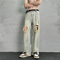 k1019-p50-控78M-5XL现货oversizecleanfit显瘦黄泥牛仔裤破洞，男装牛仔裤，星座116