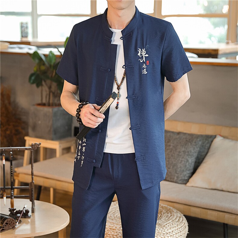 夏季套装男士开衫两件套风复古唐装名族风T恤A334-TZ009-P65图片