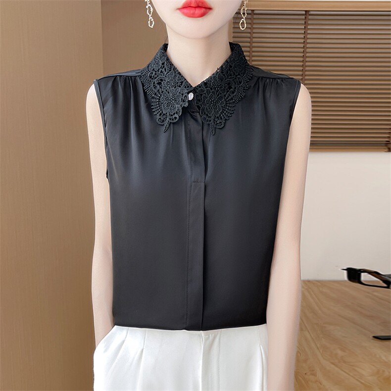 夏季醋酸真丝背心开衫女POLO领蕾丝花边醋酸上衣宽松无袖内搭打底，女装背心吊带，羊特美羊绒