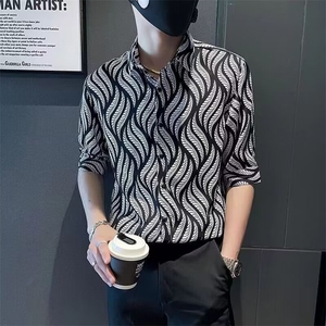 树叶花衬衫男五分袖春秋季痞帅发型师男装斑马纹印花衬衣 CS109图片