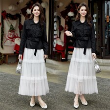 现货2026年春季新款女时尚潮流优雅风小外套皮衣蕾丝半身裙两件套，女装套装/套裙，奋斗女王