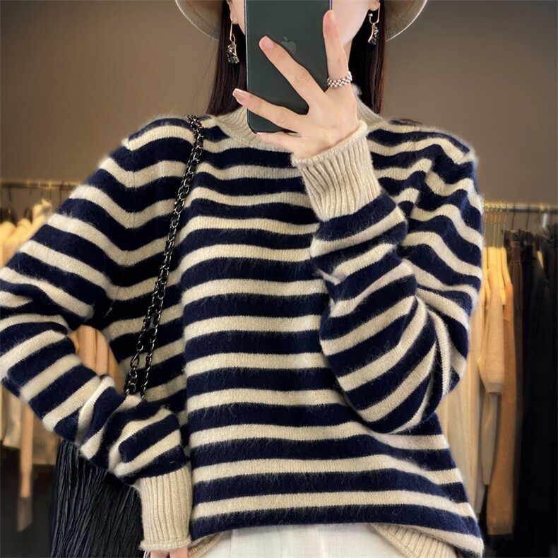 时尚条纹羊毛衫女秋冬新款修身显瘦长袖针织衫气质百搭上衣,女装羊毛衫,琳华羊绒