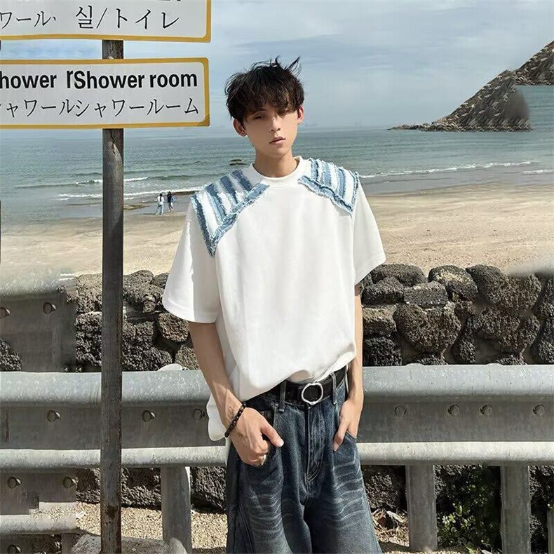 W9983-P45网图现货网红拼接牛仔五分袖T恤夏季潮流圆领短袖,男装T恤,星座1608-2