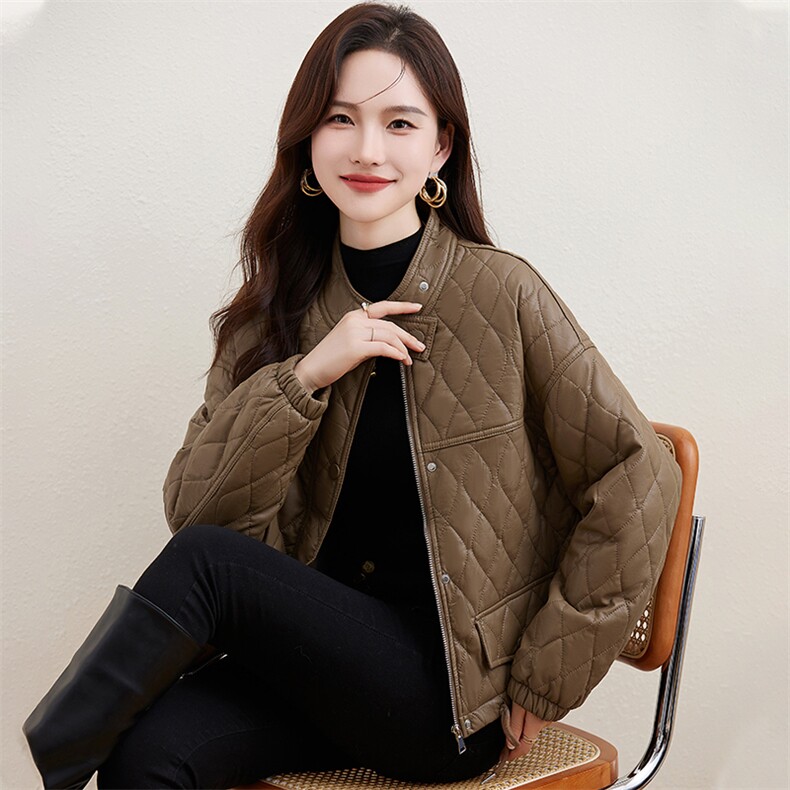 菱格皮衣棉服女短款秋冬季2023新款小个子派克服加绒外套轻薄棉衣,女装棉衣/棉服,江南女神