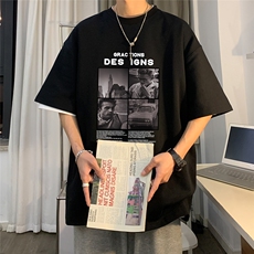 港风23夏季时尚潮流海报印花款纯棉百搭短袖T恤T6076P25控38，男装T恤，电商A268A