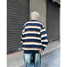 美式慵懒风条纹套头毛衣男女冬宽松多巴胺情侣装针织衫MZ691-P60，男装针织衫/毛衣，星座412-2