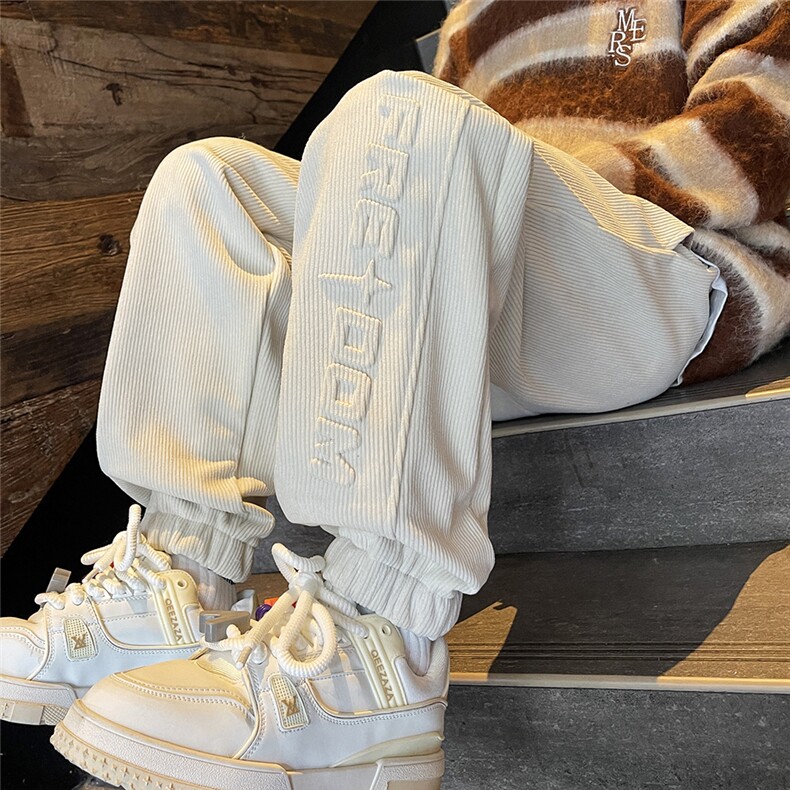 灯芯绒冬季裤子男凹凸印花加绒休闲长裤男生束脚运动裤K629-P55,男装休闲裤,电商A020