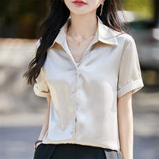 气质翻领短袖衬衫上衣职业白衬衫缎面polo领短袖开衫正肩通勤衬衣，女装T恤，佳绒高端店