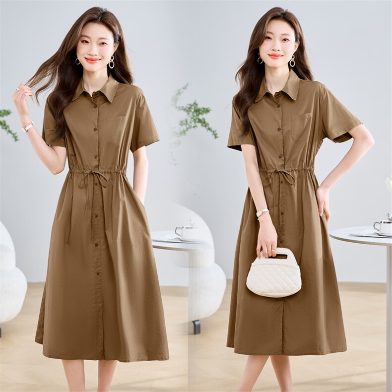 高档纯棉衬衫连衣裙女中长款2025夏新款系带收腰休闲气质减龄裙子，女装连衣裙，木子恋