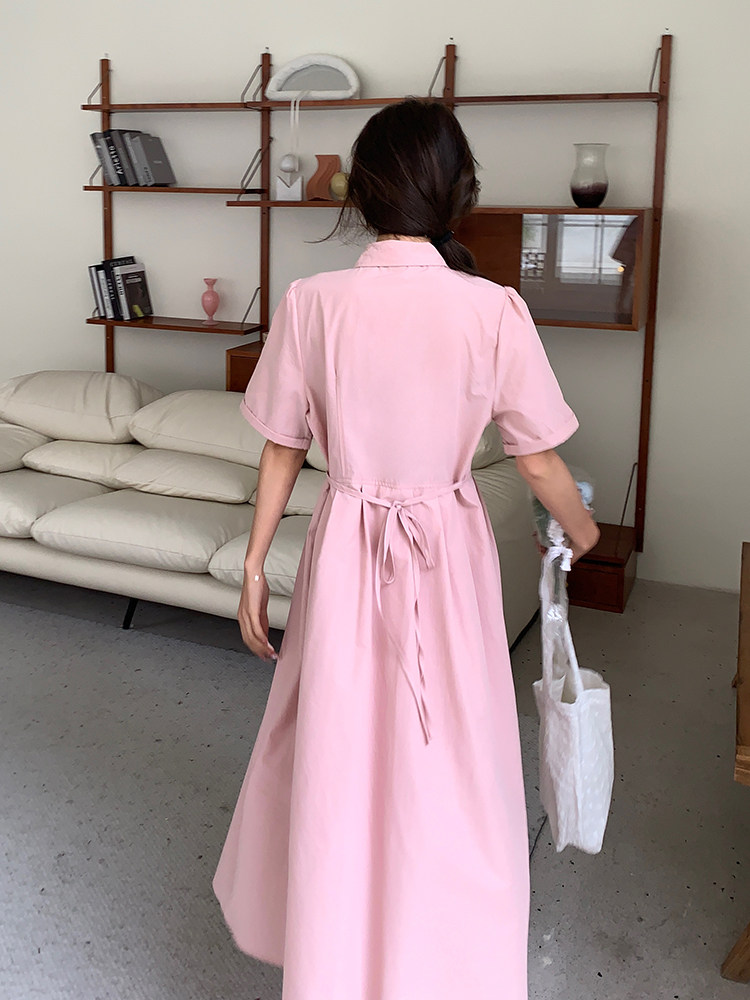 法式温柔风压褶衬衫连衣裙女2025夏季新款韩版收腰显瘦甜美a字裙,女装连衣裙,浪娴服饰