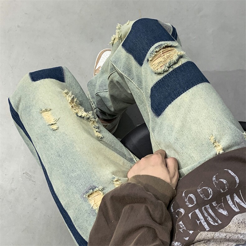 破洞牛仔裤男百搭宽松直筒阔腿贴布裤子潮贴补N0398-P45,男装牛仔裤,星座308B-1