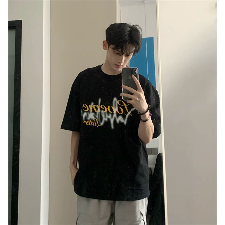 抖音得物供货210克现货宽松纯棉美式潮牌印花落肩袖纯棉T恤AT2194,男装T恤,电商A443