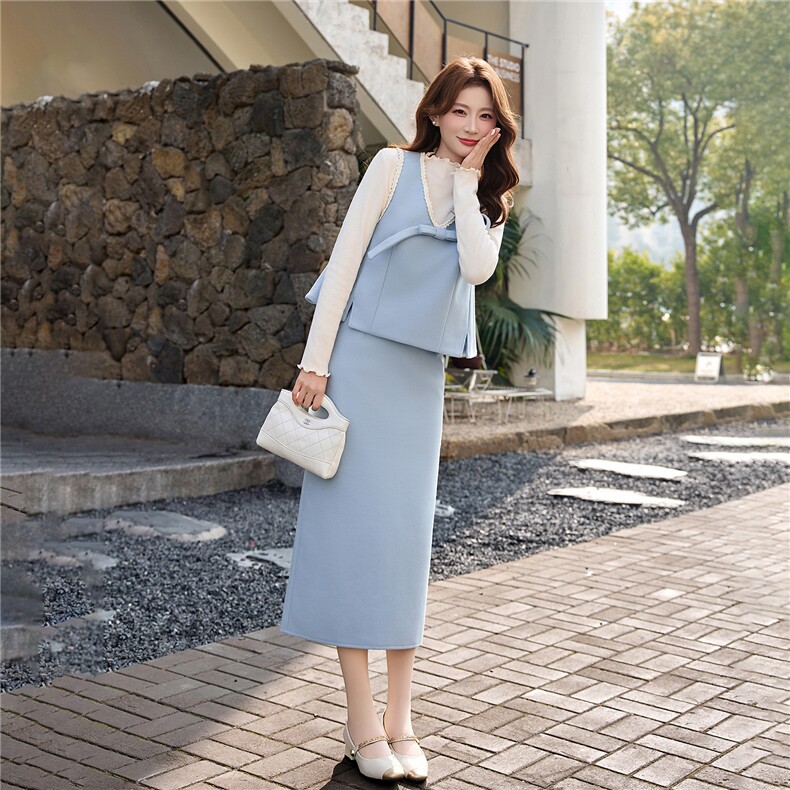 设计感洋气套装裙女2026冬新款拼接马甲打底衫半身裙三件套套装,女装套装/套裙,流量+