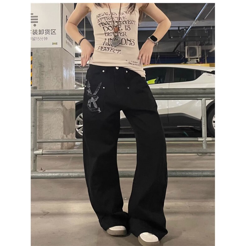 美式复古廓形拼接牛仔裤女辣妹宽松bf慵懒风弯刀裤潮N22170-P53,男装牛仔裤,星座308B-2