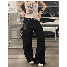 美式复古廓形拼接牛仔裤女辣妹宽松bf慵懒风弯刀裤潮N22170-P53，男装牛仔裤，星座308B-2