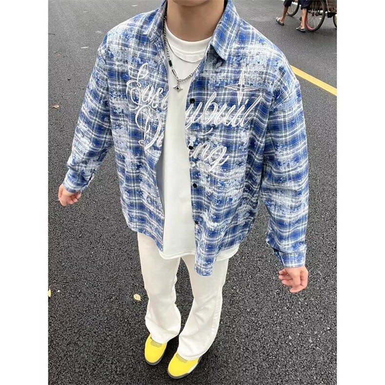 蓝色扎染刺绣格子长袖衬衫男款夏季美式高街潮牌衬衣运动防晒外套,男装T恤,星座1008