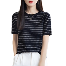 黑白条针织T恤女夏季时尚洋气减龄薄款圆领短袖别致气质百搭上衣，女装针织衫/毛衣，朝思羊绒