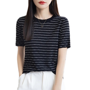 黑白条针织T恤女夏季时尚洋气减龄薄款圆领短袖别致气质百搭上衣图片