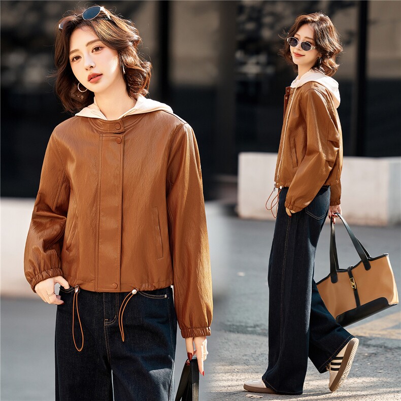 BK时尚油蜡磨砂皮女立领小个子短款海宁皮衣夹克外套2026春秋新款，女装皮衣，江南女神