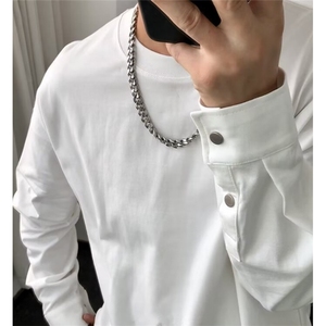 秋季纯色卫衣男修身内搭开衩长袖t恤套头纽扣袖口男装 T965图片