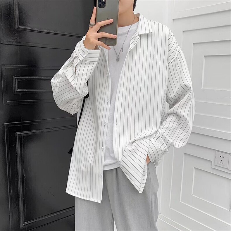 长袖条纹衬衫外套男港风帅气宽松bf衬衣春夏新款百搭C03，男装衬衫，星座1116A-1（原606A）