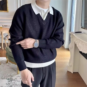 S608复古休闲假两件毛衣男个性翻领拼接POLO衫韩版宽松撞色针织衫图片