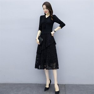 2025春季配大衣打底显瘦针织连衣裙女假两件黑色蕾丝内搭长袖裙子，女装连衣裙，安之芮娜