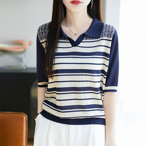 夏季100%莱赛尔天丝针织短袖T恤女polo领条纹上衣宽松半袖打底衫图片