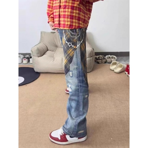 美式小众设计感格纹3D打印牛仔裤男女cleanfit潮流宽松直筒长裤图片