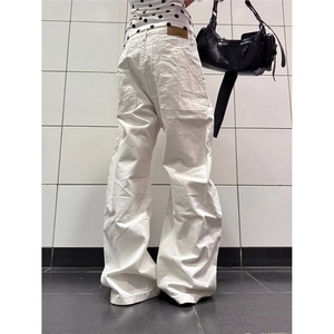 CP1218-P50 褶皱白色弯刀阔腿裤气质潮流百搭流行新款宽松长裤子图片