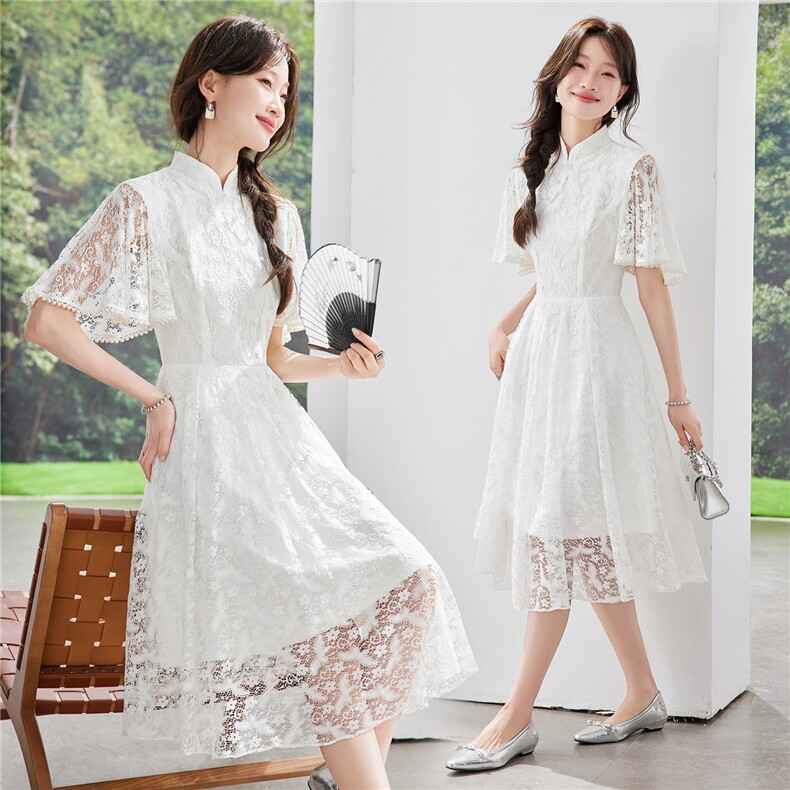 《现货26夏上新》改良版蕾丝白色新中式旗袍连衣裙女，女装连衣裙，时尚风爆