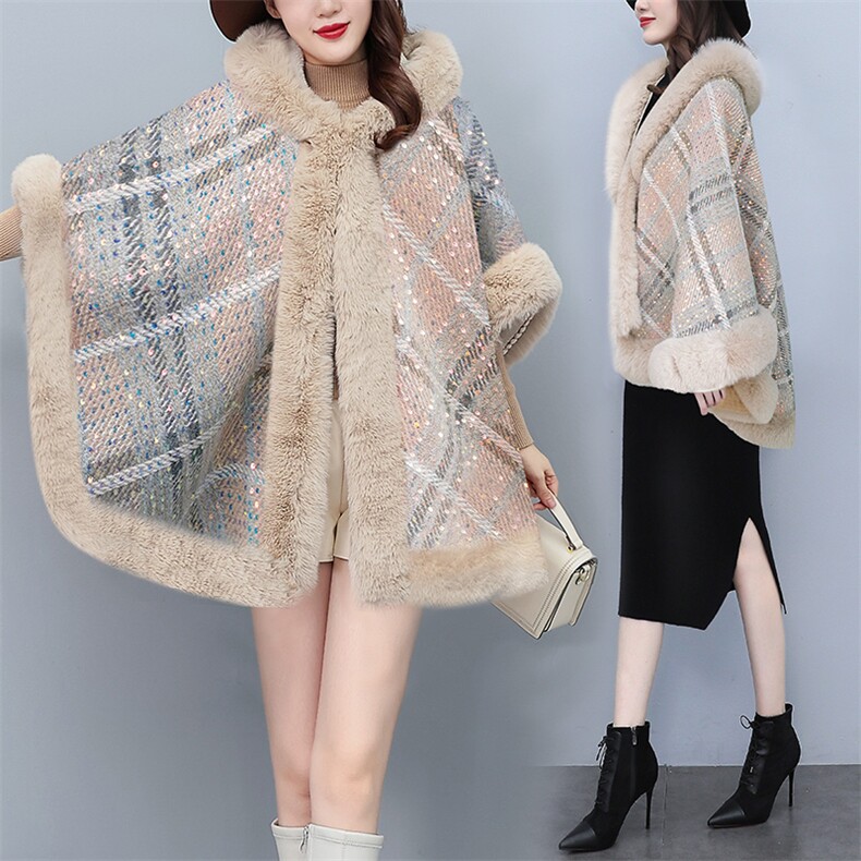 芷墨冬季新款时简约拼接格子短款斗篷外套显高显瘦加厚针织大衣女，女装毛呢外套，芷墨服饰