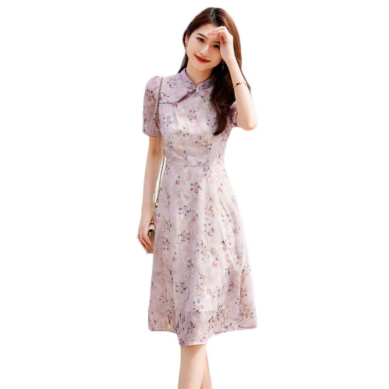 2023新款夏装女装复古立领碎花中长款减龄显瘦旗袍裙连衣裙,女装连衣裙,安之芮娜