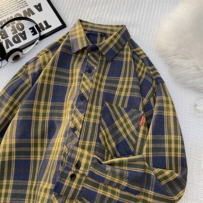 25年春季格子衬衫长袖大码宽松落肩现货DS-C323-1-2111-特批28，男装衬衫，电商C323-1