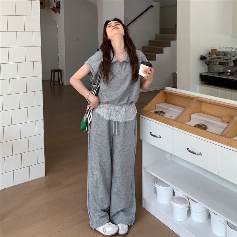 灰色休闲蕾丝拼接卫衣套装女夏季新款超火一整套减龄阔腿裤两件套,女装套装/套裙,2C258