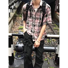 格子短袖衬衫男款夏季扎染复古内搭叠穿衬衣休闲外套C23，男装T恤，星座1116A（原606A-3）