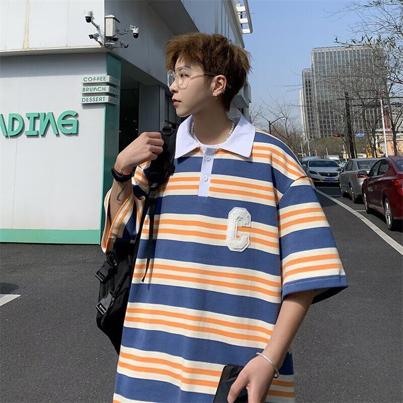 日系vintage复古polo衫条纹t恤男宽松半袖cityboy上衣WB482-P30,男装T恤,星座412-2