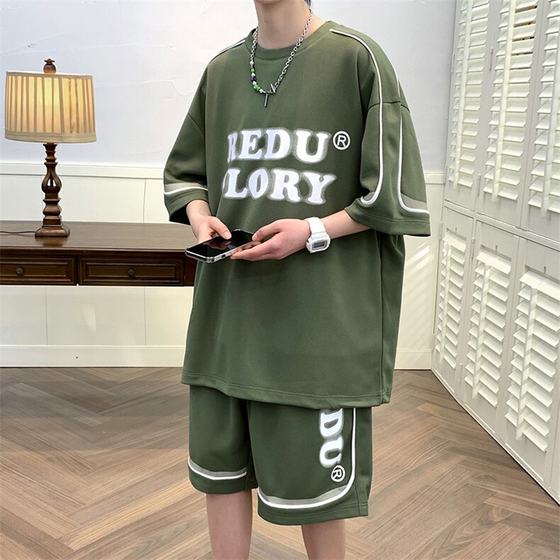 XTYDF夏季港风青少年短袖短裤两件套男潮情侣半袖T恤运动套装7809-P75，男装T恤，电商A441-1