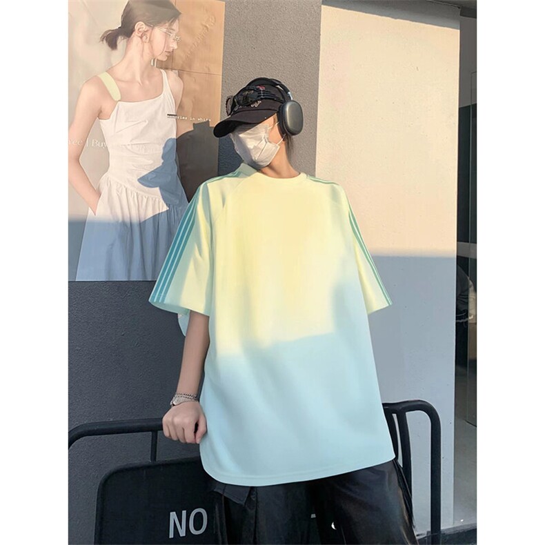 抖音得物品质二开240克宽松纯棉美式潮牌印花三条杠中性风短袖T恤,男装T恤,电商A486