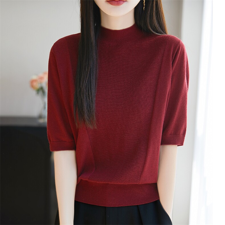 法式高端半高领五分袖打底衫女T恤2025新款中袖精纺薄款毛衣小衫,针织衫/毛衣,暖烁特种纱工厂店