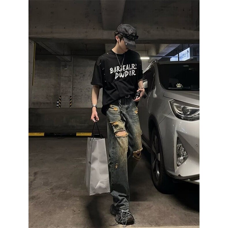 DK62-P55美式破洞牛仔裤男夏季薄款宽松拖地长裤子男-网图现货,男装牛仔裤,星座603-2