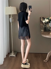 设计感小众时尚气质套装女夏新款圆领网纱拼接上衣牛仔短裤两件套，女装套装/套裙，江南