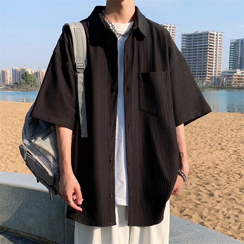 2023夏季垂感薄款冰丝oversize短袖衬衣男士休闲半袖衬衫C847-P40图片