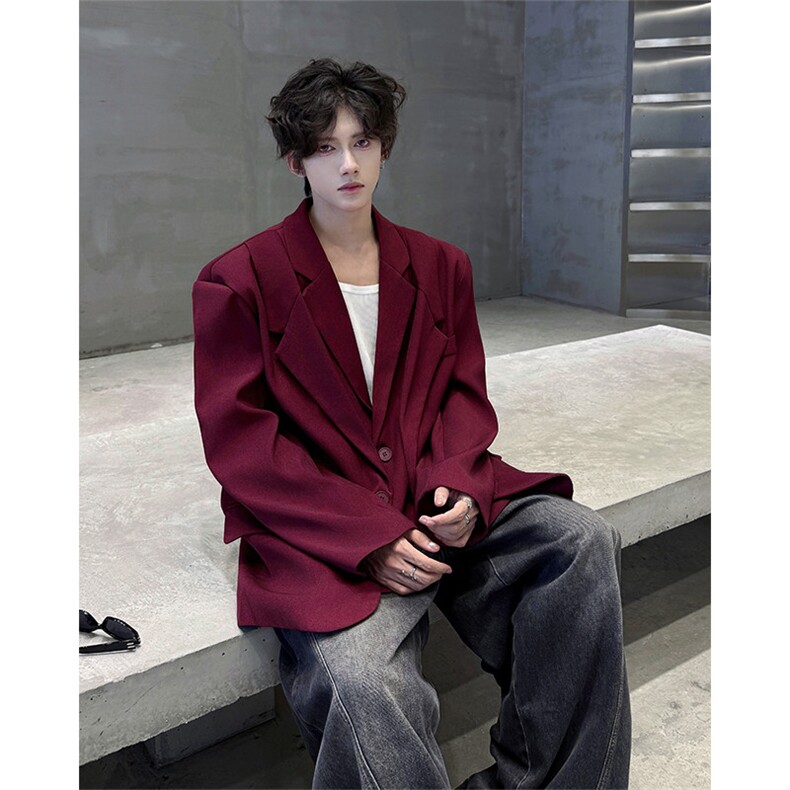 潮流休闲西装外套高级痞帅宽松韩版自带垫肩双层假两件西装P95，男装西服，电商B319