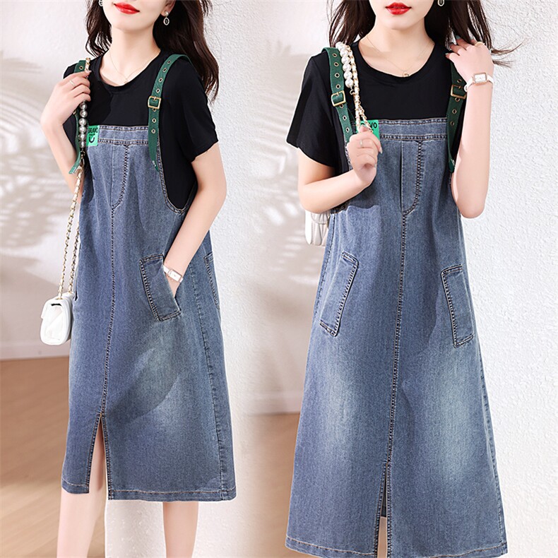 夏装新款2023年夏季休闲韩版背带简约假两件薄料牛仔连衣裙,女装连衣裙,蓝诺裳