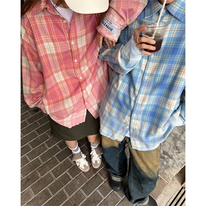 CS23-P45 秋冬新款男女宽松休闲格子长袖衬衫春秋薄款上衣外套图片