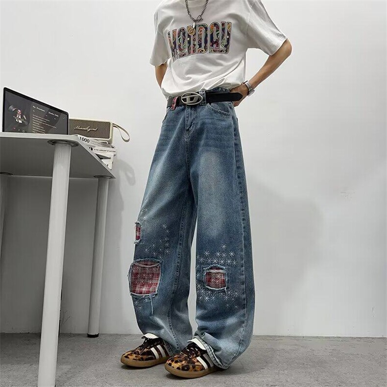 V154-P60美式复古磨破补丁刺绣牛仔裤男女同款百搭宽松阔腿裤,男装牛仔裤,星座911-1