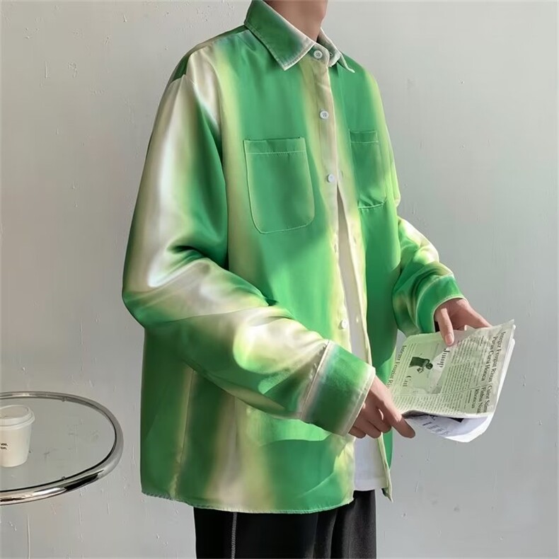 竹子绿渐变印花长袖防晒休闲衬衫小众高级感宽松渐变色衬衫男C645,男装防晒衣,星座1116A-2（原606A-1）