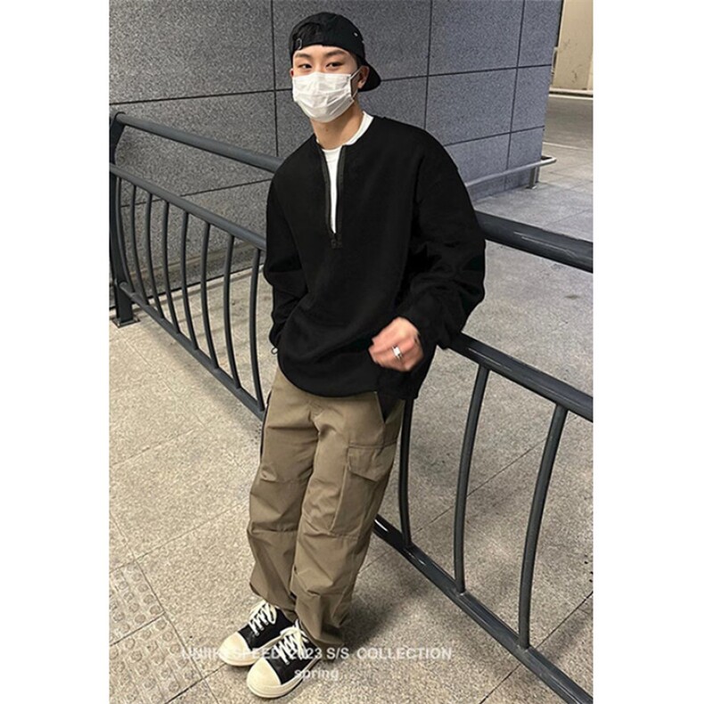复古无领纯色卫衣男半拉链慵懒风宽松春季套头百搭上衣W8804,男装卫衣,星座1116A（原606A-3）