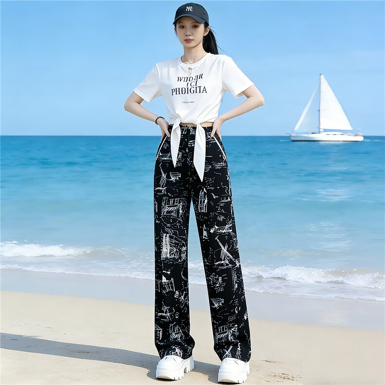 重工印花时尚休闲套装女夏季新款白色短袖上衣黑色阔腿长裤两件套,女装套装/套裙,江南